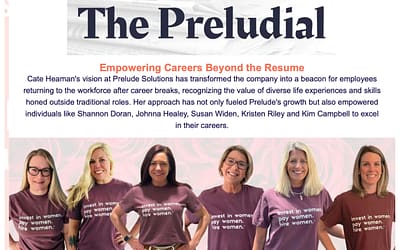 6 of Preludes top female employees posing with "invest in women, pay women, hire women" shirts as the cover of the Preludial newsletter.